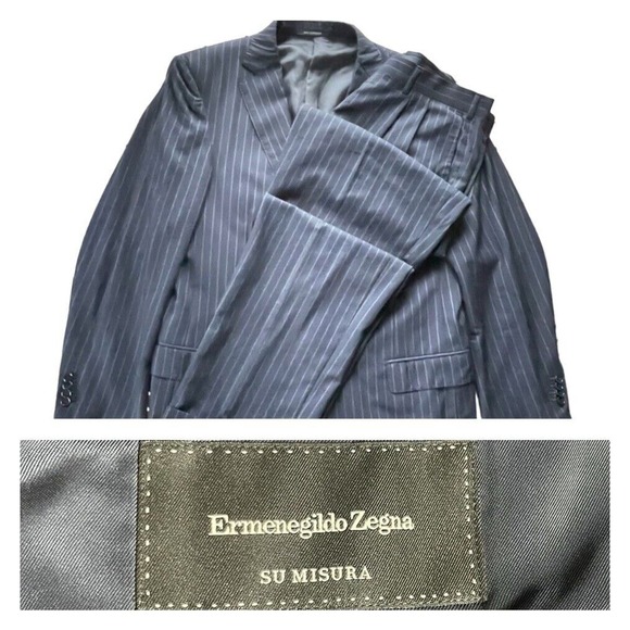 Ermenegildo Zegna Trofeo 600 Modern 2pc Suit Wool Silk Striped Navy Blue 46L Men